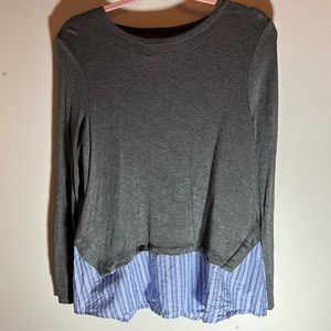 Kensie Gray w/ Blue White Striped Bottom Lightweight Long Sleeve Women’s Tee